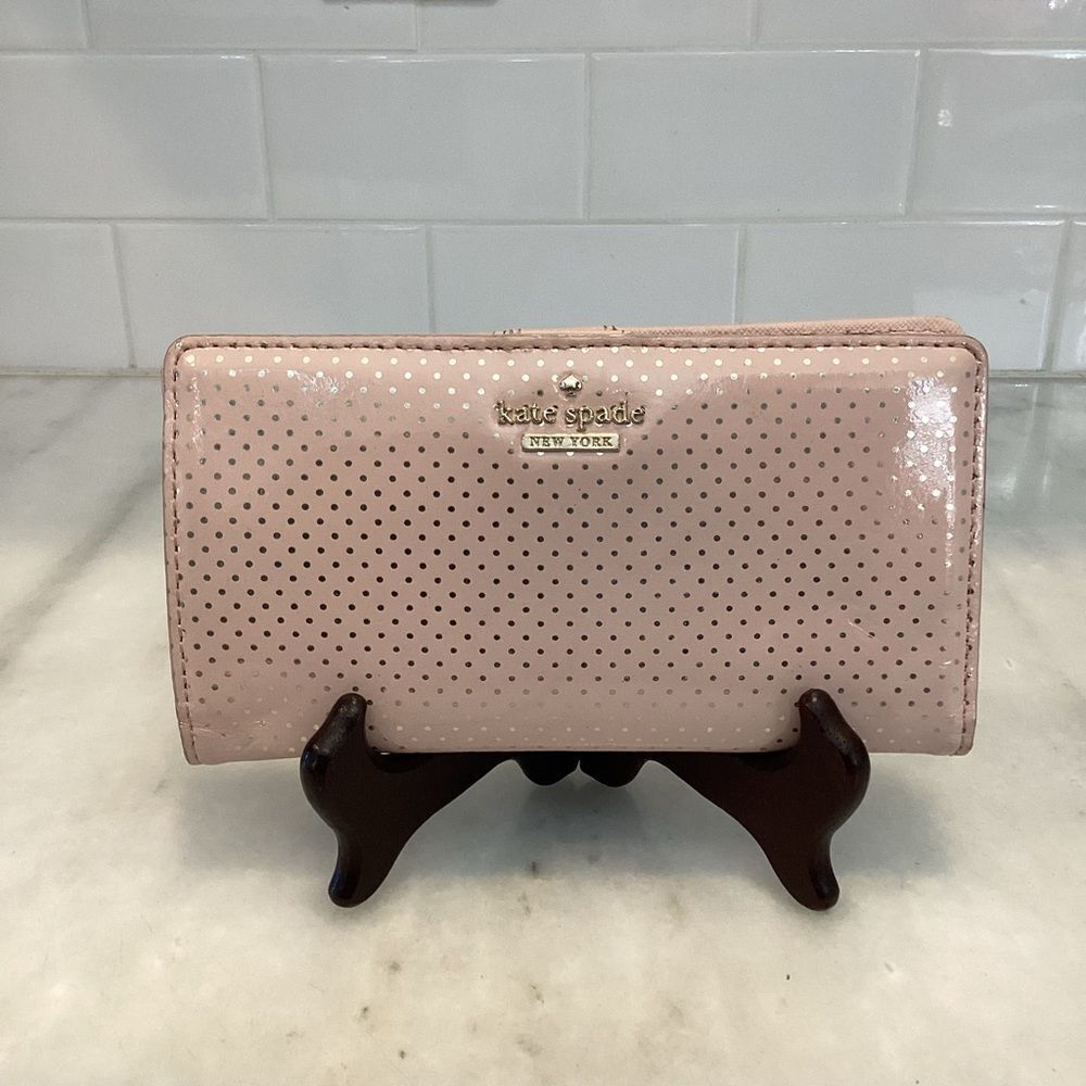 Kate Spade Wallet Pink Leather Polka Dot Patent Sleek Slim Full Sized Wallet